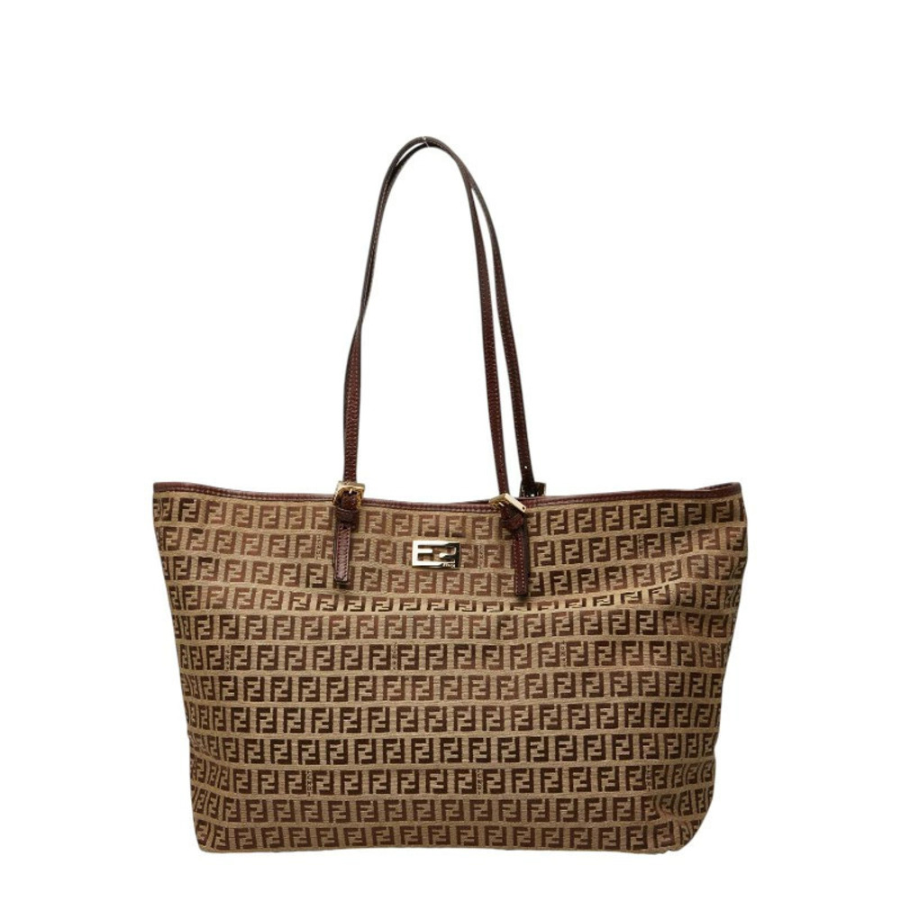 Fendi Zucchino Tote Bag Beige Cream Brown Canvas Leather
